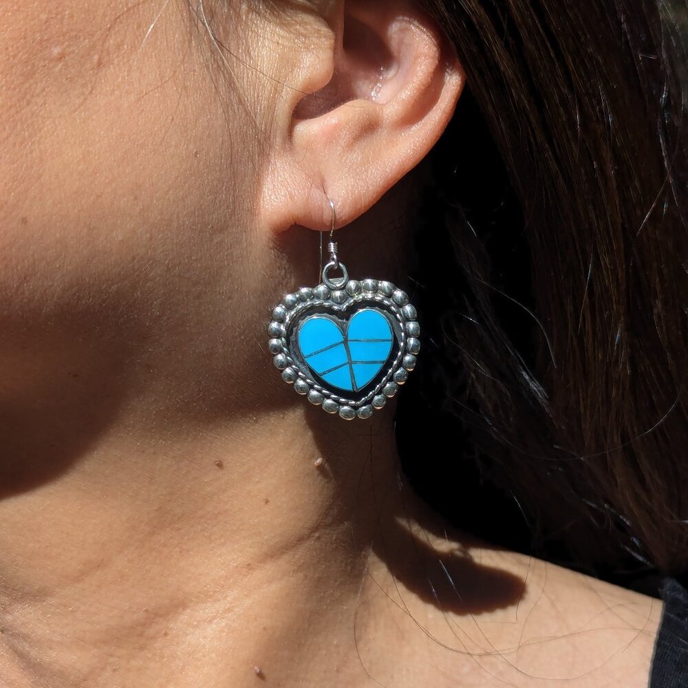 Handmade Zuni Kingman Turquoise Heart Inlay Dangle Earrings NA Jewelry **